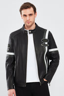 Racer Men's Sports Slim-Fit Leather Jacket | Derimod Racer Men's Sports Slim-Fit Leather Jacket | Derimod