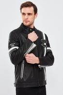 Racer Men's Sports Slim-Fit Leather Jacket | Derimod Racer Men's Sports Slim-Fit Leather Jacket | Derimod