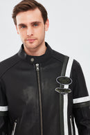 Racer Men's Sports Slim-Fit Leather Jacket | Derimod Racer Men's Sports Slim-Fit Leather Jacket | Derimod