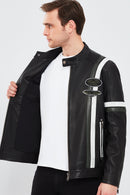 Racer Men's Sports Slim-Fit Leather Jacket | Derimod Racer Men's Sports Slim-Fit Leather Jacket | Derimod