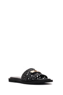 Women's Black Knit Leather Slippers | Derimod Women's Black Knit Leather Slippers | Derimod
