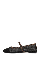 Women's Black Leopard Patterned Buckled Mesh Leather Ballerinas | Derimod Women's Black Leopard Patterned Buckled Mesh Leather Ballerinas | Derimod
