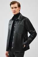 Enzo Men's Black Shirt Collar Leather Jacket | Derimod Enzo Men's Black Shirt Collar Leather Jacket | Derimod