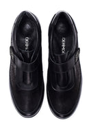 Women's Black Leather Stone Wedge Heeled Comfort Shoes | Derimod Women's Black Leather Stone Wedge Heeled Comfort Shoes | Derimod