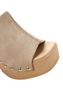Women's Beige Thick Heeled Suede Leather Slippers | Derimod Women's Beige Thick Heeled Suede Leather Slippers | Derimod