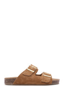 Women's Tan Double Buckle Suede Leather Slippers | Derimod Women's Tan Double Buckle Suede Leather Slippers | Derimod
