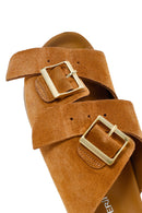 Women's Tan Double Buckle Suede Leather Slippers | Derimod Women's Tan Double Buckle Suede Leather Slippers | Derimod