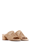Women's Beige Heeled Woven Patterned Slippers | Derimod Women's Beige Heeled Woven Patterned Slippers | Derimod