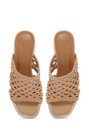 Women's Beige Heeled Woven Patterned Slippers | Derimod Women's Beige Heeled Woven Patterned Slippers | Derimod