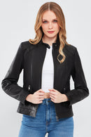 July Women's Black Regular Short Leather Jacket | Derimod July Women's Black Regular Short Leather Jacket | Derimod