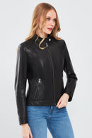 July Women's Black Regular Short Leather Jacket | Derimod July Women's Black Regular Short Leather Jacket | Derimod
