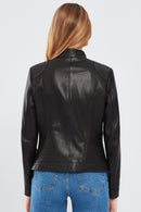 July Women's Black Regular Short Leather Jacket | Derimod July Women's Black Regular Short Leather Jacket | Derimod