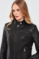 July Women's Black Regular Short Leather Jacket | Derimod July Women's Black Regular Short Leather Jacket | Derimod