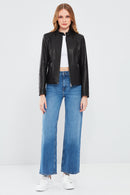 July Women's Black Regular Short Leather Jacket | Derimod July Women's Black Regular Short Leather Jacket | Derimod