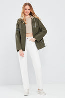 Halley Women's Khaki Hooded Oversize Leather Coat | Derimod Halley Women's Khaki Hooded Oversize Leather Coat | Derimod