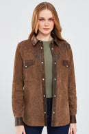 Western Women's Brown Shirt Style Suede Leather Jacket | Derimod Western Women's Brown Shirt Style Suede Leather Jacket | Derimod