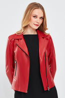 Kiara Kadın Kırmızı Slim-Fit Biker Deri Ceket | Derimod Kiara Kadın Kırmızı Slim-Fit Biker Deri Ceket | Derimod