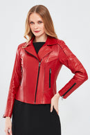 Kiara Kadın Kırmızı Slim-Fit Biker Deri Ceket | Derimod Kiara Kadın Kırmızı Slim-Fit Biker Deri Ceket | Derimod