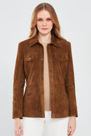 Margo Women's Brown Shirt Collar Suede Leather Jacket | Derimod Margo Women's Brown Shirt Collar Suede Leather Jacket | Derimod