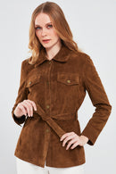 Margo Women's Brown Shirt Collar Suede Leather Jacket | Derimod Margo Women's Brown Shirt Collar Suede Leather Jacket | Derimod