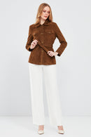 Margo Women's Brown Shirt Collar Suede Leather Jacket | Derimod Margo Women's Brown Shirt Collar Suede Leather Jacket | Derimod