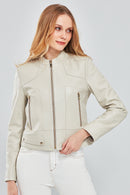 Sharon Women's Beige Short Leather Jacket | Derimod Sharon Women's Beige Short Leather Jacket | Derimod