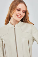 Sharon Women's Beige Short Leather Jacket | Derimod Sharon Women's Beige Short Leather Jacket | Derimod