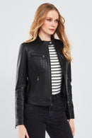 Alison Women's Black Short Leather Jacket | Derimod Alison Women's Black Short Leather Jacket | Derimod