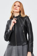 Julia Women's Black Short Leather Jacket | Derimod Julia Women's Black Short Leather Jacket | Derimod