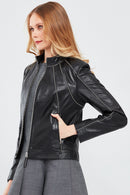 Julia Women's Black Short Leather Jacket | Derimod Julia Women's Black Short Leather Jacket | Derimod