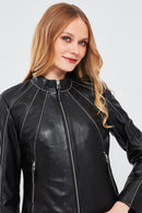 Julia Women's Black Short Leather Jacket | Derimod Julia Women's Black Short Leather Jacket | Derimod