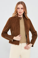 Grace Women's Brown Short Suede Leather Jacket | Derimod Grace Women's Brown Short Suede Leather Jacket | Derimod