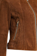 Grace Women's Brown Short Suede Leather Jacket | Derimod Grace Women's Brown Short Suede Leather Jacket | Derimod