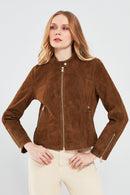 Grace Women's Brown Short Suede Leather Jacket | Derimod Grace Women's Brown Short Suede Leather Jacket | Derimod