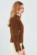 Grace Women's Brown Short Suede Leather Jacket | Derimod Grace Women's Brown Short Suede Leather Jacket | Derimod