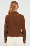 Grace Women's Brown Short Suede Leather Jacket | Derimod Grace Women's Brown Short Suede Leather Jacket | Derimod