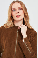 Grace Women's Brown Short Suede Leather Jacket | Derimod Grace Women's Brown Short Suede Leather Jacket | Derimod