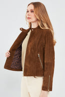 Grace Women's Brown Short Suede Leather Jacket | Derimod Grace Women's Brown Short Suede Leather Jacket | Derimod