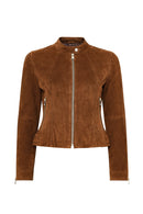 Grace Women's Brown Short Suede Leather Jacket | Derimod Grace Women's Brown Short Suede Leather Jacket | Derimod