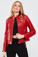 Sonia Women's Red Short Leather Jacket | Derimod Sonia Women's Red Short Leather Jacket | Derimod