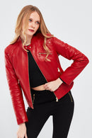 Sonia Women's Red Short Leather Jacket | Derimod Sonia Women's Red Short Leather Jacket | Derimod