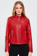 Sonia Women's Red Short Leather Jacket | Derimod Sonia Women's Red Short Leather Jacket | Derimod