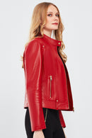 Sonia Women's Red Short Leather Jacket | Derimod Sonia Women's Red Short Leather Jacket | Derimod