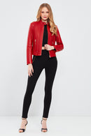 Sonia Women's Red Short Leather Jacket | Derimod Sonia Women's Red Short Leather Jacket | Derimod