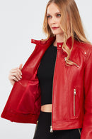 Sonia Women's Red Short Leather Jacket | Derimod Sonia Women's Red Short Leather Jacket | Derimod