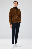Enzo Men's Brown Shirt Collar Suede Leather Coat | Derimod Enzo Men's Brown Shirt Collar Suede Leather Coat | Derimod