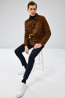Enzo Men's Brown Shirt Collar Suede Leather Coat | Derimod Enzo Men's Brown Shirt Collar Suede Leather Coat | Derimod