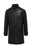 Ederson Men's Black Stand Collar Buttoned Leather Coat | Derimod Ederson Men's Black Stand Collar Buttoned Leather Coat | Derimod