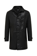 Ederson Men's Black Stand Collar Buttoned Leather Coat | Derimod Ederson Men's Black Stand Collar Buttoned Leather Coat | Derimod