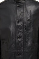 Ederson Men's Black Stand Collar Buttoned Leather Coat | Derimod Ederson Men's Black Stand Collar Buttoned Leather Coat | Derimod